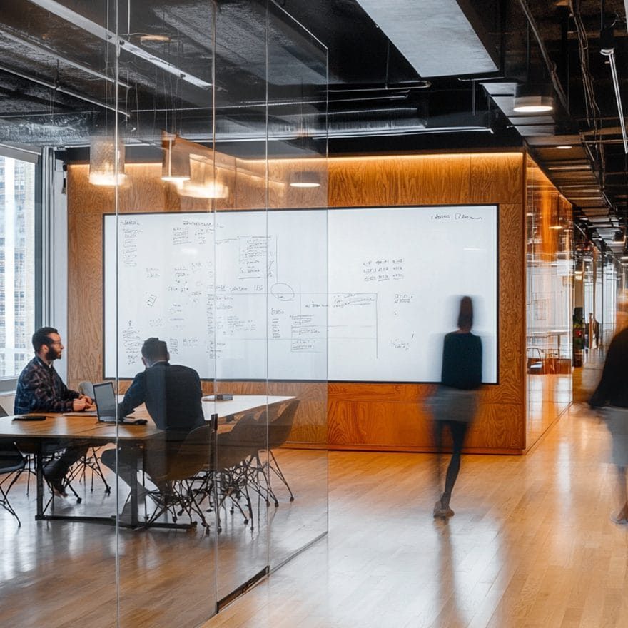 Office wall fitted edge-to-edge with an EVS Skins writable surface