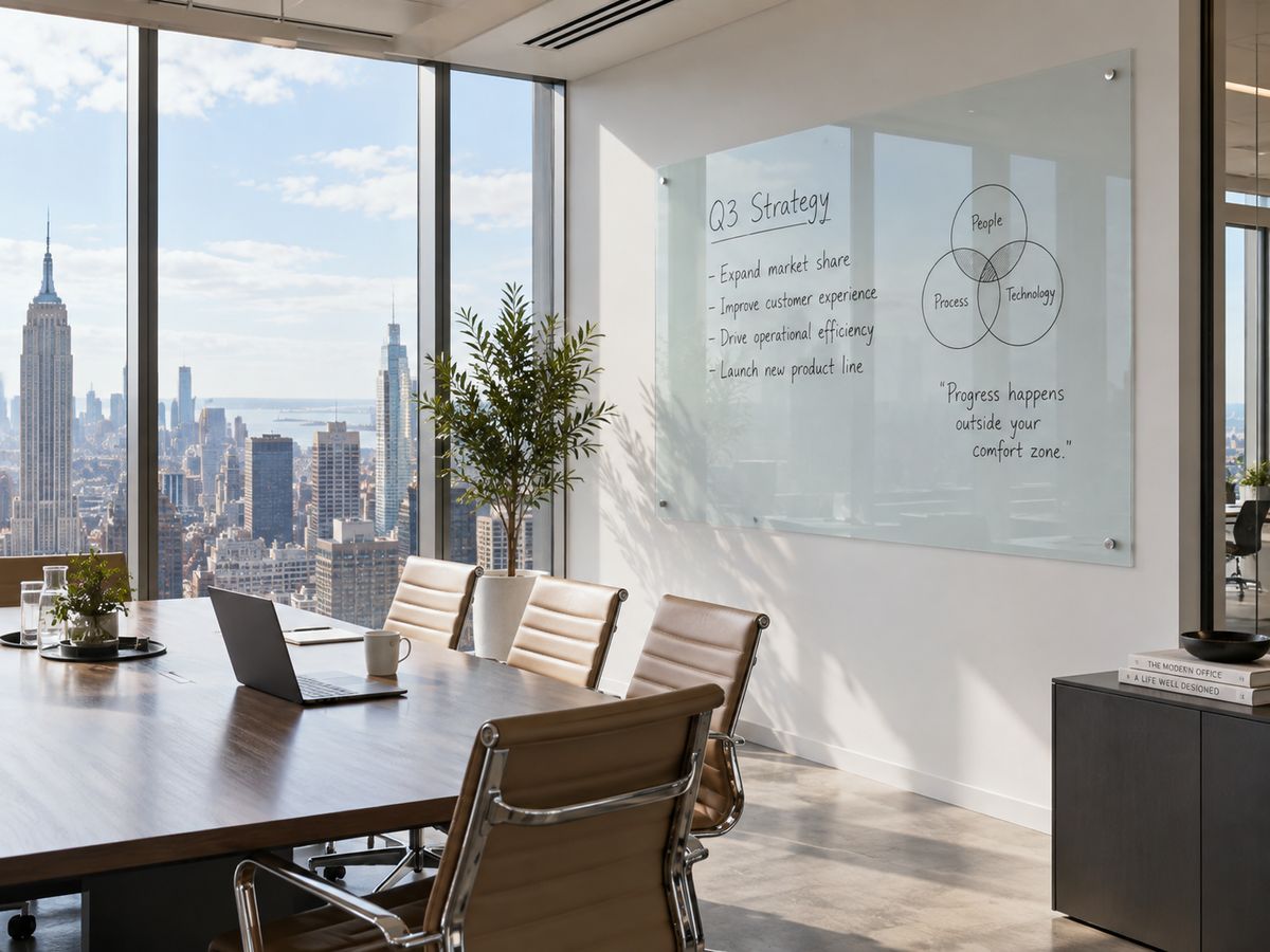 Frameless glass writing board in a Manhattan boardroom with the New York skyline outside
