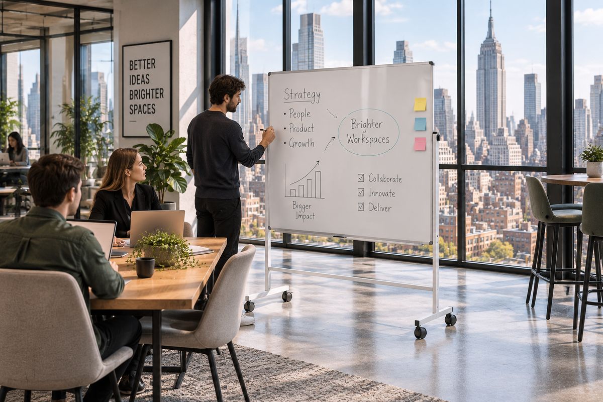 Magnetic whiteboard in a bright New York office with the skyline behind