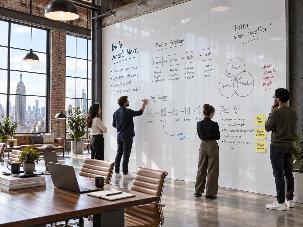Team working across a full-height writable wall in a New York loft office