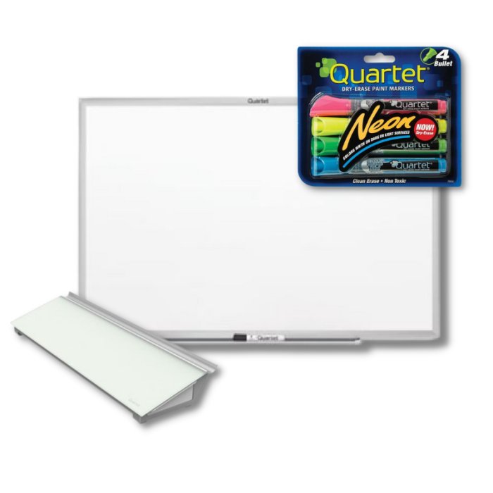 Quartet Classic 24 by 18 inch magnetic whiteboard bundle with glass desktop pad and neon dry-erase markers