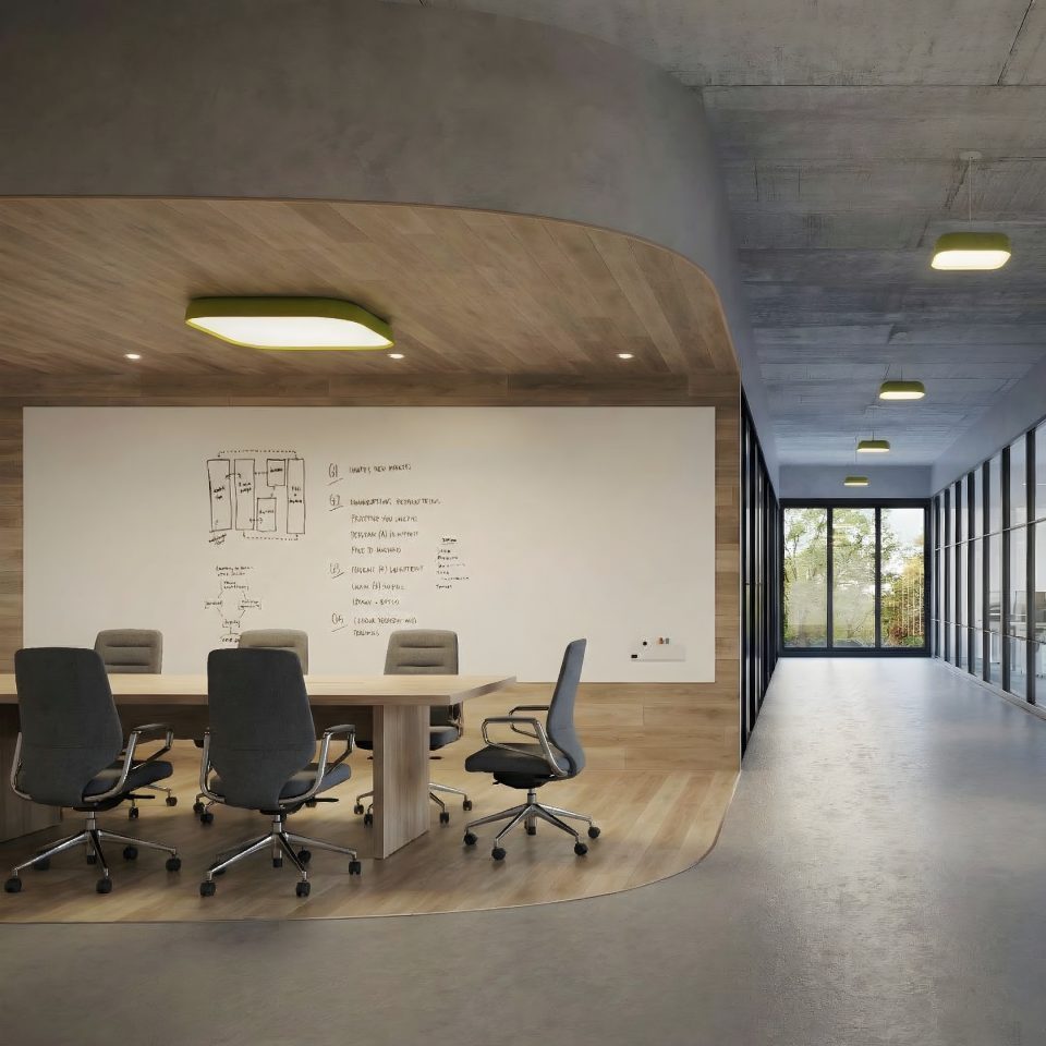 Meeting room with a full-width writable wall behind the conference table